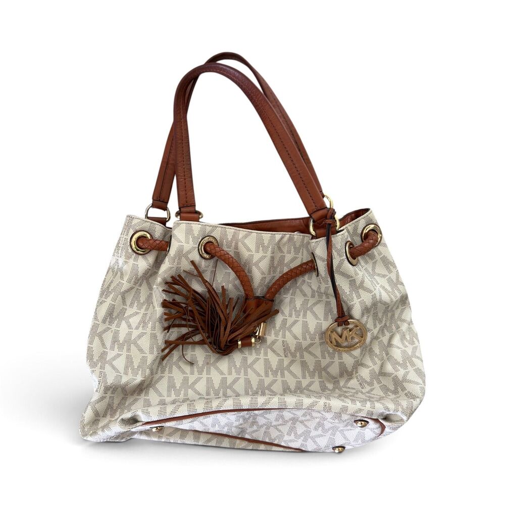 Michael Kors Jet Set Large Gathered Logo Tote Vanilla Brown Tassel Storage Bag